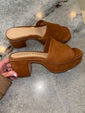 Gianni Bini Abbott Suede Studded Platform Slides in Cognac, 8.5